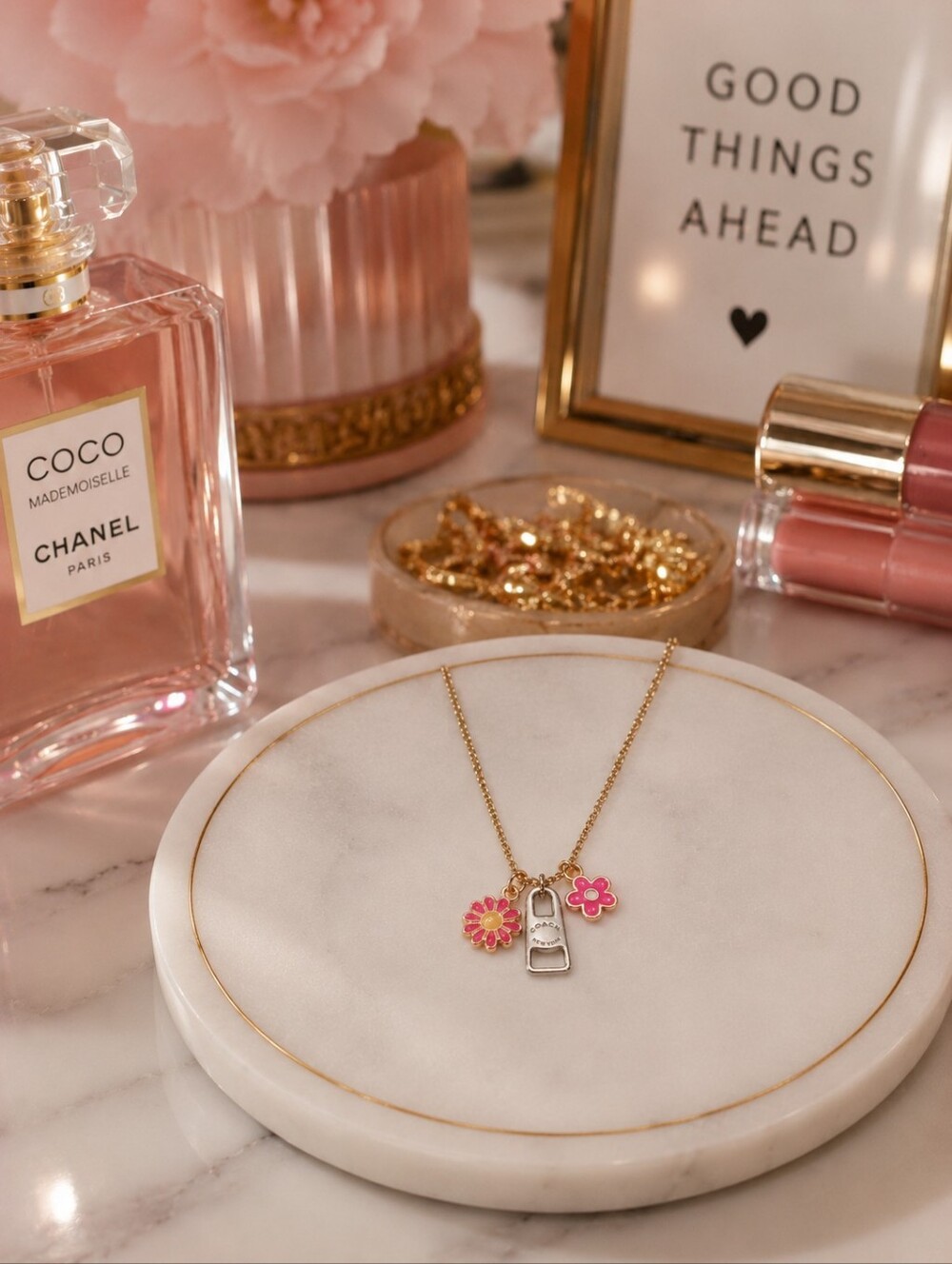 Coach Engraved Pendant Necklace With Pink Flower Charm Accents